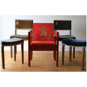 A suite of Coronation furniture including King George VI chair, stool; HM Queen Elizabeth II chair and stool; Prince Charles Investiture chair