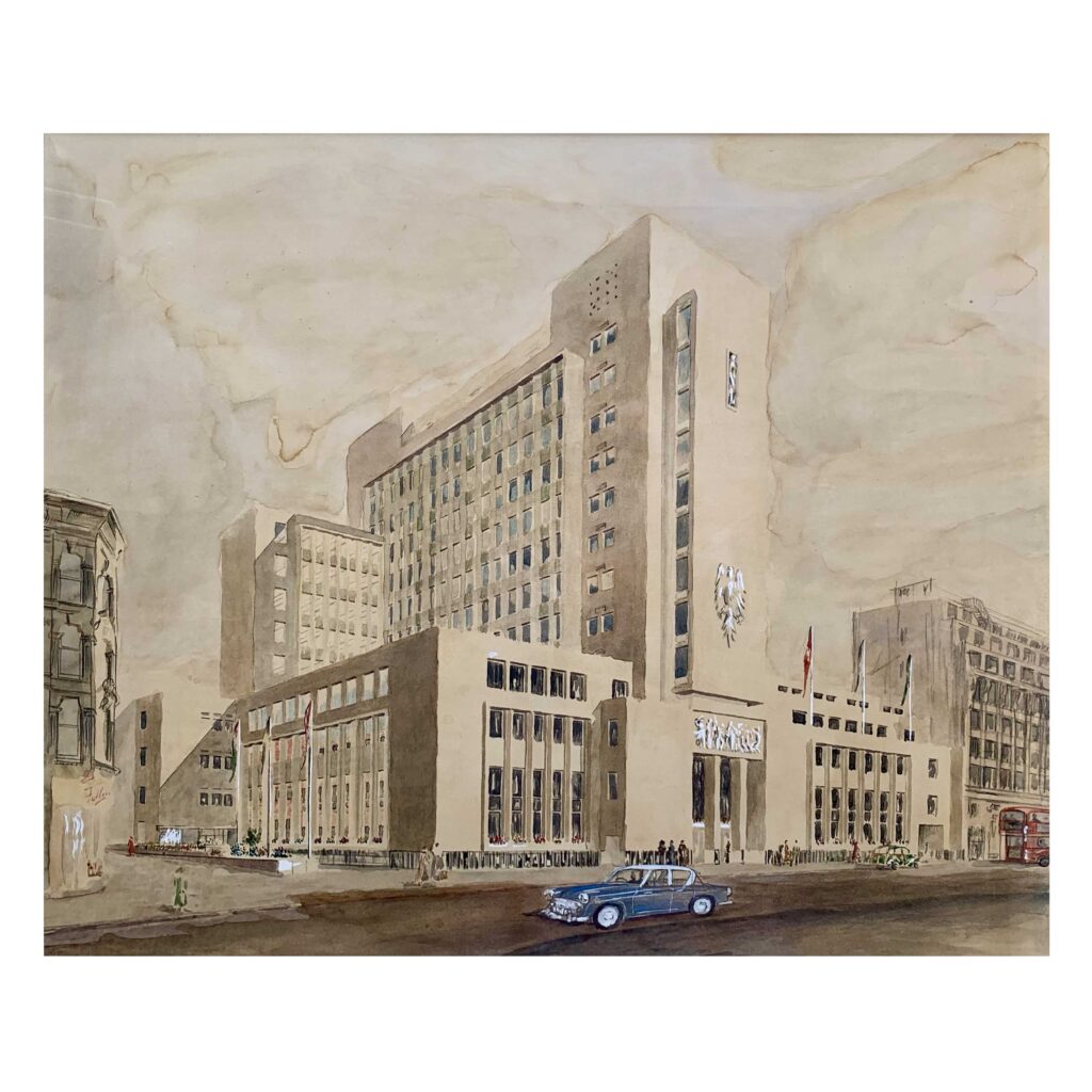 An original architectural watercolour of Barclays Goodenough House , London c. 1960